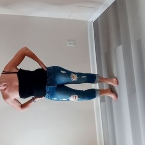 Cute Distressed Low Rider Capris with Rolled Cuff Legs